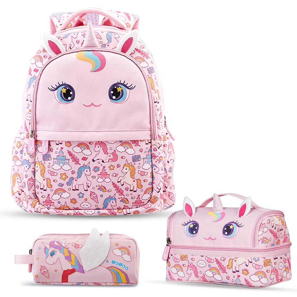 Nohoo Kids 16 Inch School Bag with Lunch Bag and Pencil Case Set of 3 Unicorn Pink UAE Yallamums